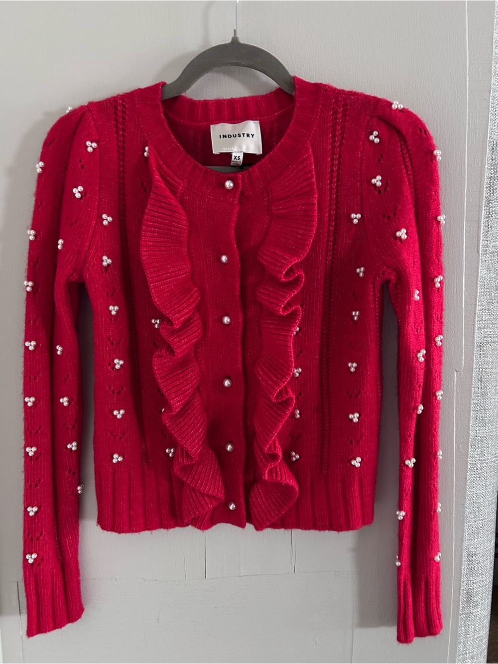Industry Red Ruffle Pearl-Accent Cardigan